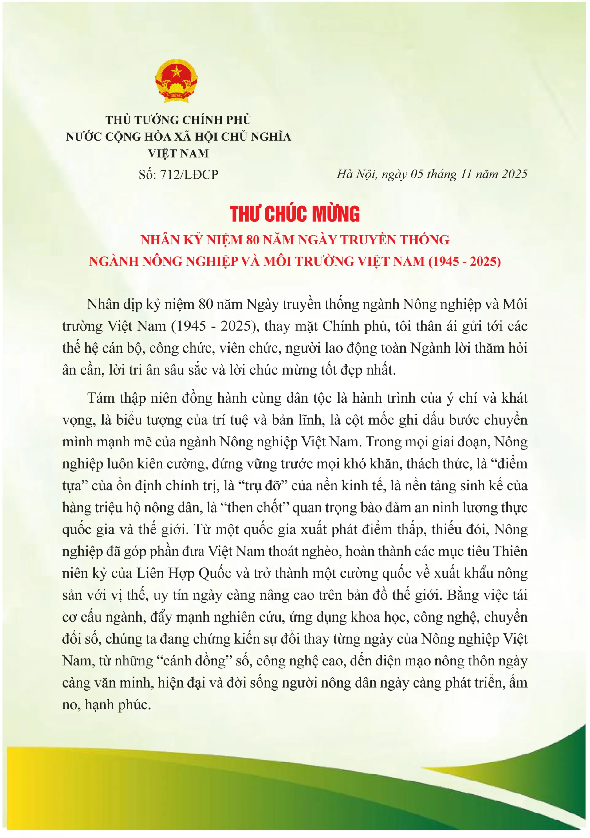 Thư chúc mừng của Thủ tướng Chính phủ Phạm Minh Chính nhân kỷ niệm 80 năm ngày truyền thống ngành Nông nghiệp và Môi trường Việt Nam (1945 - 2025)