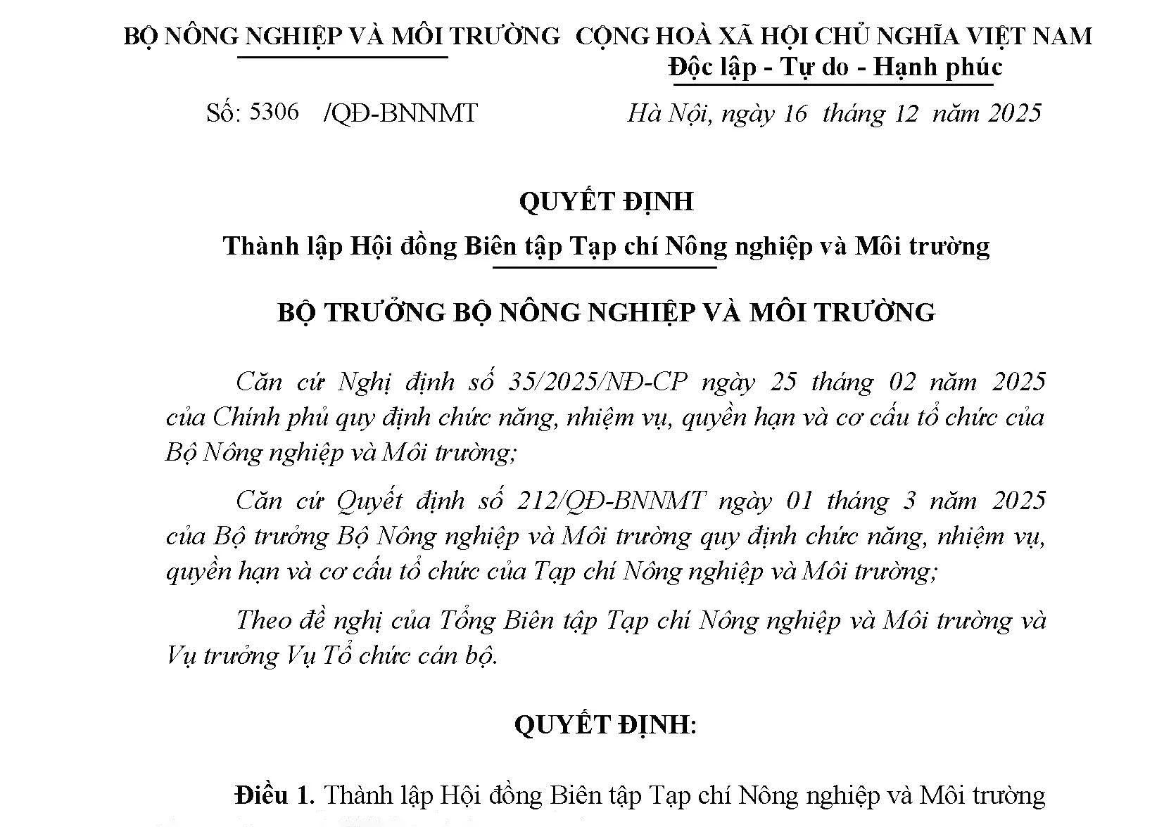 Thành lập Hội đồng Biên tập Tạp chí Nông nghiệp và Môi trường