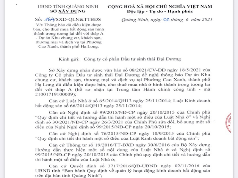 Dự án The Ruby Hạ Long: Tại sao Sở Xây dựng Quảng Ninh không đề cập đến nội dung thế chấp trong thông báo đủ điều kiện bán hàng NƠHTTTL?