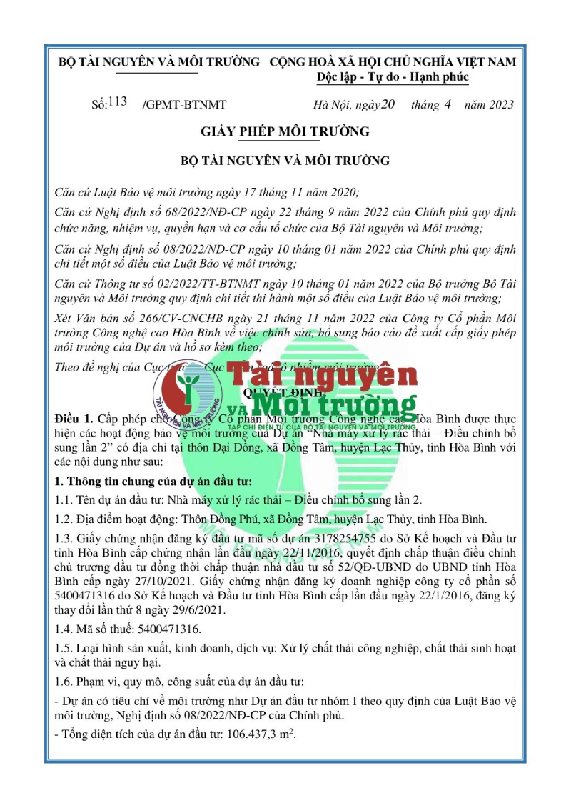 Yêu cầu Công ty Môi trường CNC Hoà Bình tuân thủ nghiêm quy định pháp luật về môi trường