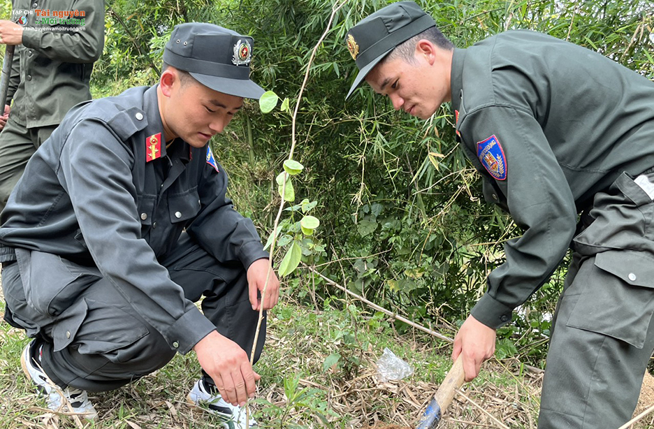 Chiến sĩ trung đoàn Cảnh sát cơ động Tây Bắc E24 tham gia trồng cây chương trình Chùa xanh