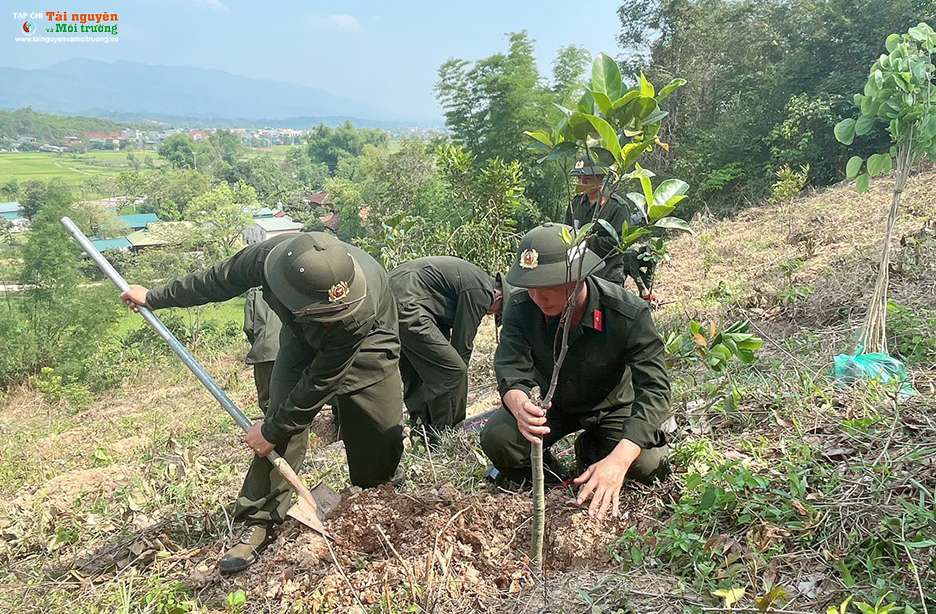Chiến sĩ trung đoàn Cảnh sát cơ động Tây Bắc E24 tham gia trồng cây chương trình Chùa xanh