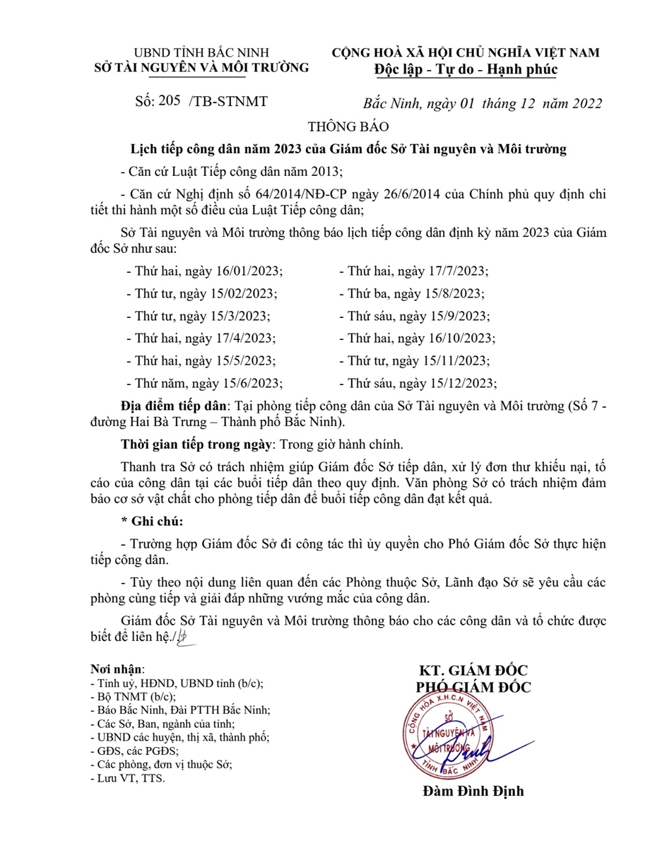 Sở Tài nguyên và Môi trường Bắc Ninh công khai lịch tiếp công dân định kỳ năm 2023