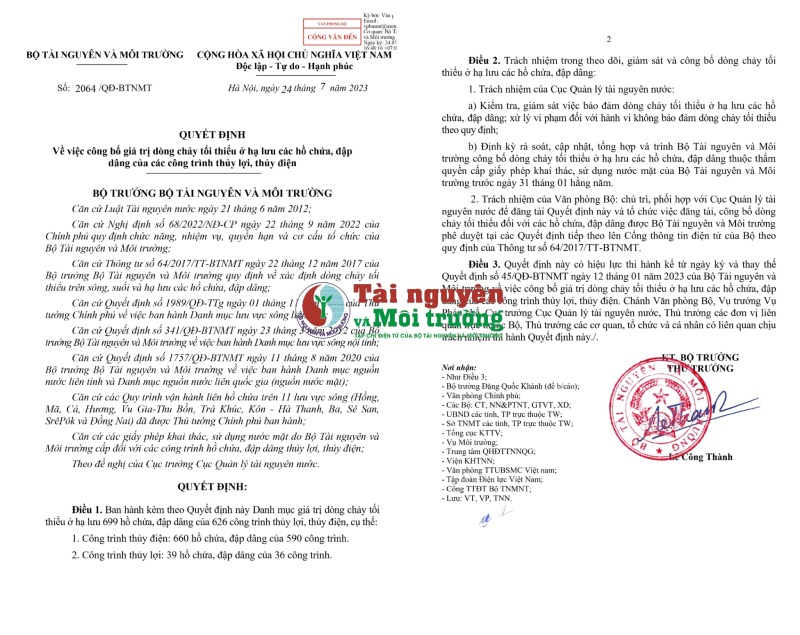 Bộ Tài nguyên và Môi trường công bố giá trị dòng chảy tối thiểu các hồ chứa, đập dâng