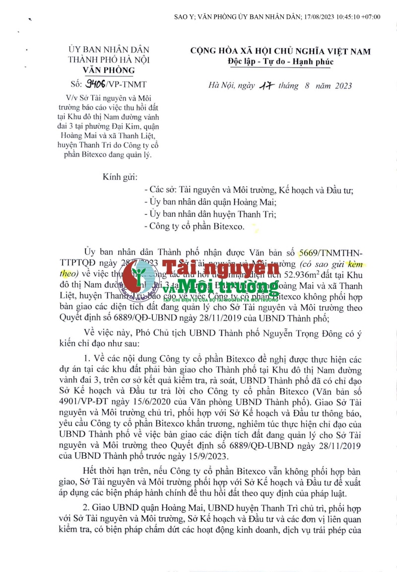 Hà Nội sẽ “mạnh tay” xử lý nếu Bitexco không bàn giao gần 53 nghìn m2 đất trước ngày 15/9