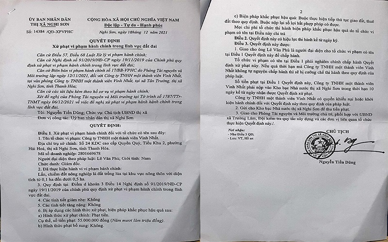 Thanh Hóa: Cần xử lý nghiêm Công ty Vinh Nhất vi phạm về đất đai, xây dựng