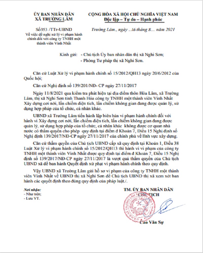 Thanh Hóa: Cần xử lý nghiêm Công ty Vinh Nhất vi phạm về đất đai, xây dựng