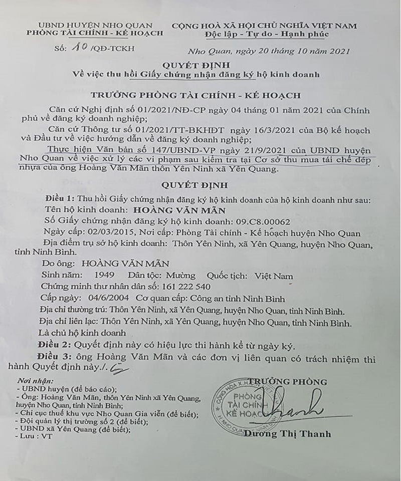 Nho Quan - Ninh Bình: Cần sớm tạo điều kiện bố trí quỹ đất cho cơ sở sản xuất cá thể Hoàng Văn Mãn