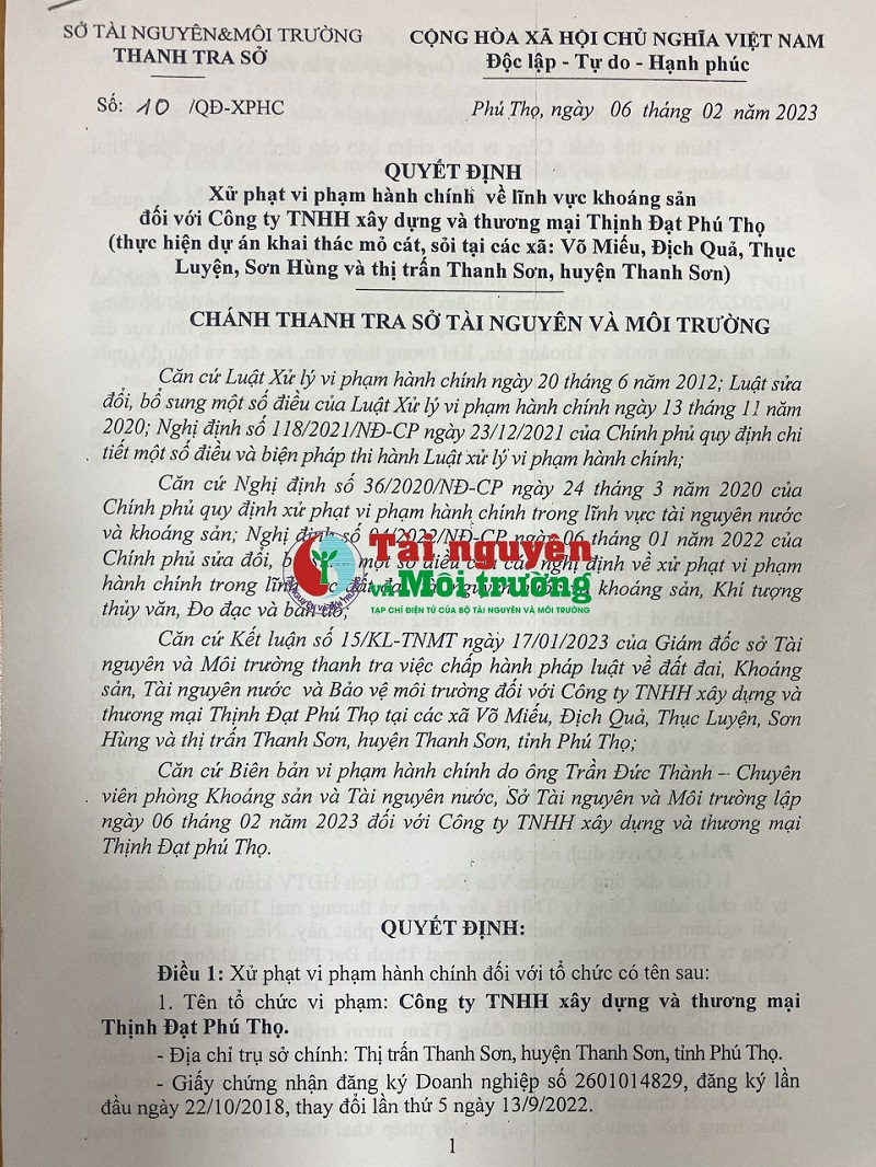 Phú Thọ: Công ty Thịnh Đạt Phú Thọ bị tước giấy phép khai thác khoáng sản 02 tháng