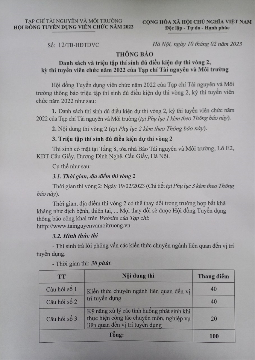 Thông báo Danh sách và triệu tập thí sinh đủ điều kiện dự thi vòng 2, kỳ thi tuyển viên chức năm 2022 của Tạp chí Tài nguyên và Môi trường