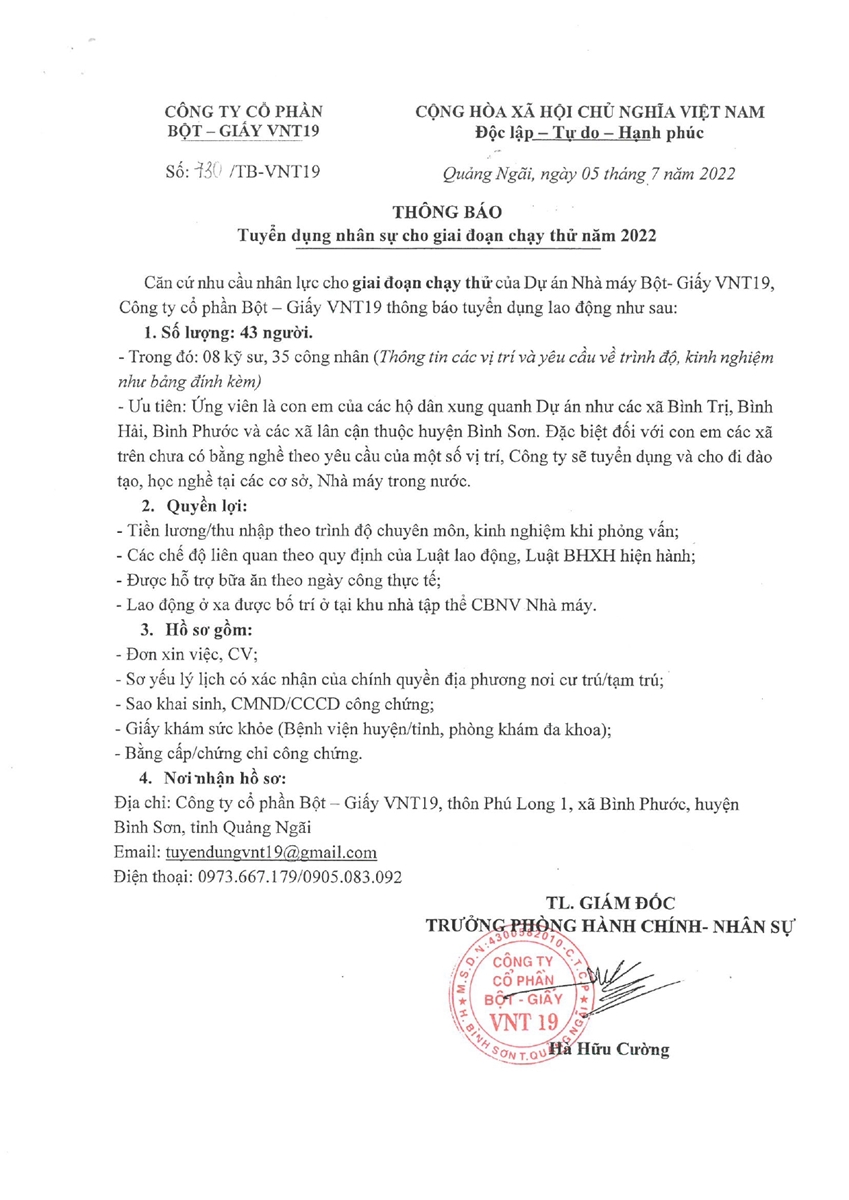 Nhà máy Bột - Giấy VNT 19 ưu tiên tuyển dụng con em của các hộ dân xung quanh dự án