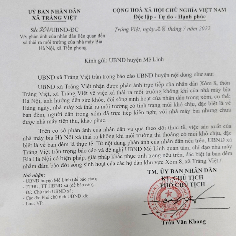 Người dân kêu trời vì Nhà máy bia Hà Nội - Mê Linh gây ô nhiễm môi trường