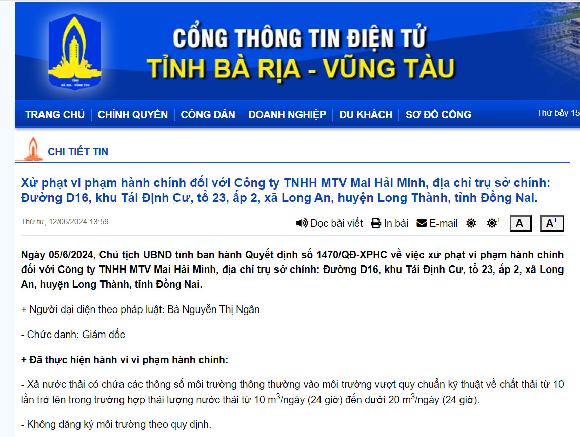 Xả nước thải vượt chuẩn, Công ty Mai Hải Minh bị phạt 260 triệu đồng