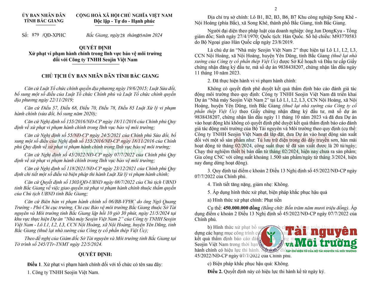 Vi phạm về môi trường, Công ty TNHH Seojin Việt Nam bị phạt 450 triệu đồng