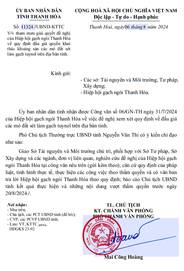 Hiệp hội gạch ngói Thanh Hóa đề xuất cơ chế đặc thù về đấu giá quyền khai thác khoáng sản tại các mỏ đất sét làm gạch tuynel.