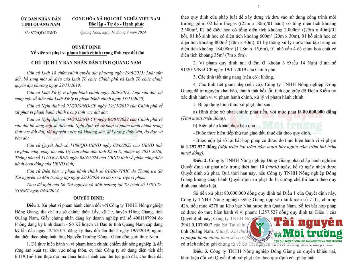 Vì sao Công ty TNHH Nông nghiệp Đông Giang bị phạt 80 triệu đồng?