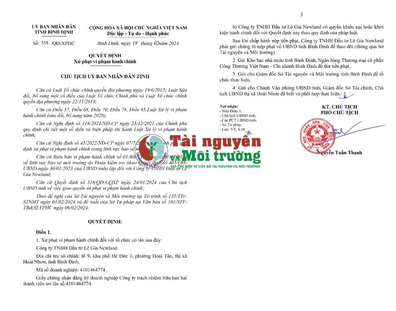 Bình Định: Phạt Công ty Lê Gia 320 triệu đồng do vi phạm trong lĩnh vực bảo vệ môi trường