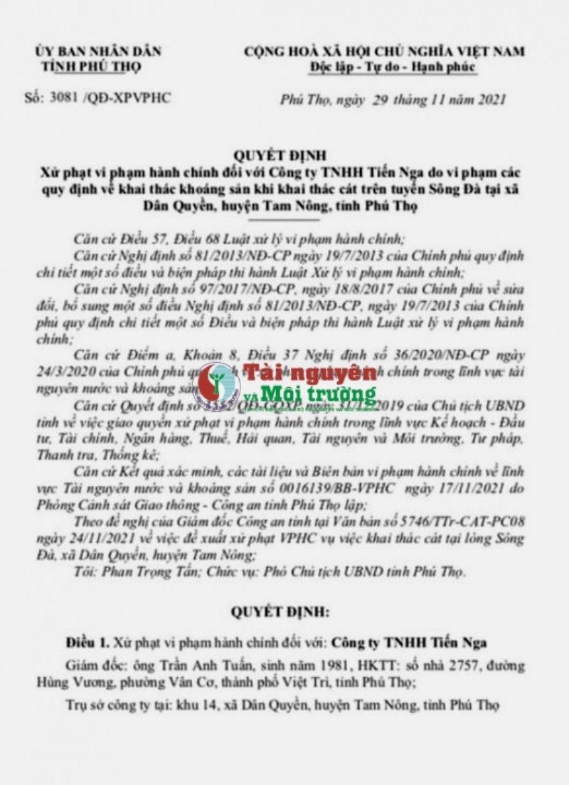 Phú Thọ: Nhìn lại những DN bị xử phạt hành chính trong lĩnh vực TNMT. Bài 1: Công ty Tiến Nga khai thác cát vượt ranh giới mỏ