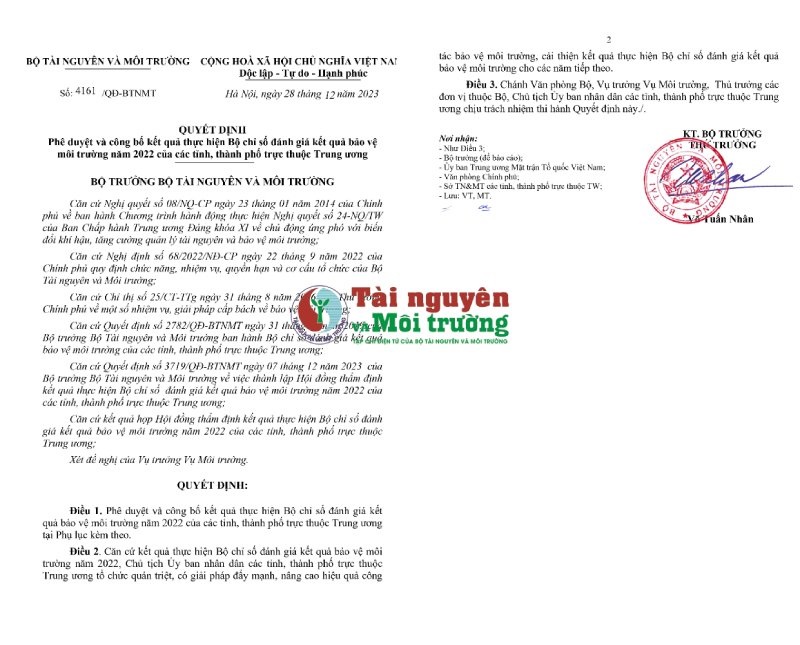 Công bố kết quả thực hiện Bộ chỉ số đánh giá kết quả bảo vệ môi trường năm 2022