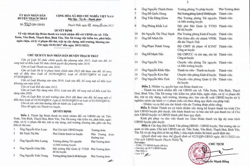 Hà Nội: Thành lập đoàn thanh tra vi phạm đất đai và trật tự xây dựng tại huyện Thạch Thất