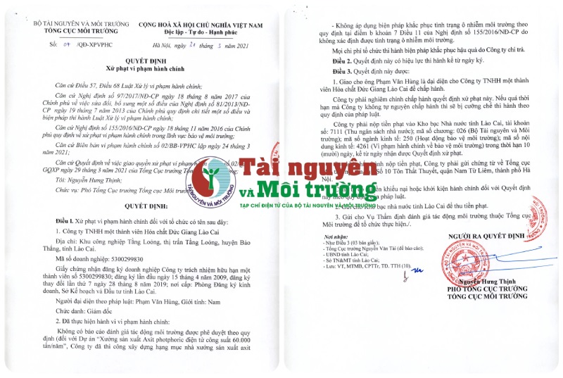Lào Cai: Xử phạt 85 triệu đồng Công ty Hoá chất Đức Giang do vi phạm trong bảo vệ môi trường