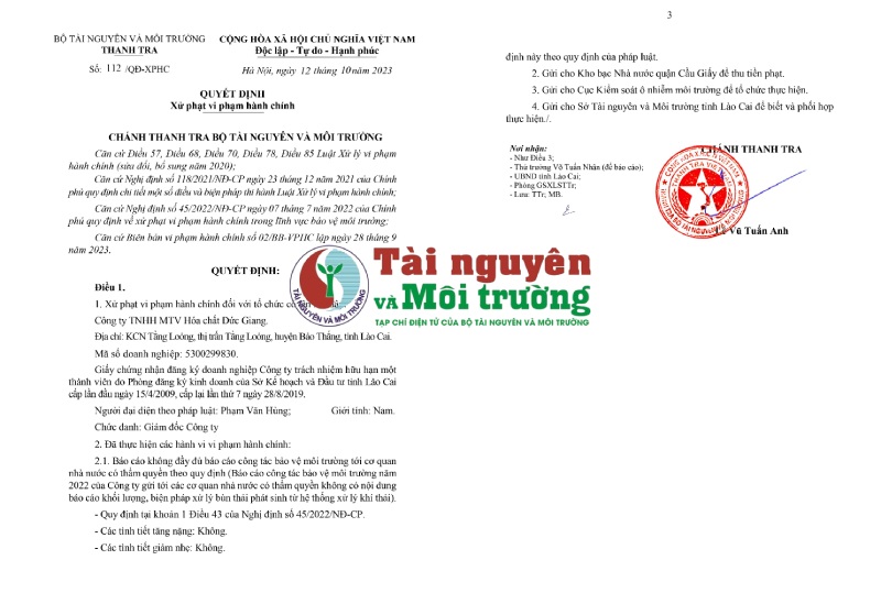 Lào Cai: Xử phạt 85 triệu đồng Công ty Hoá chất Đức Giang do vi phạm trong bảo vệ môi trường