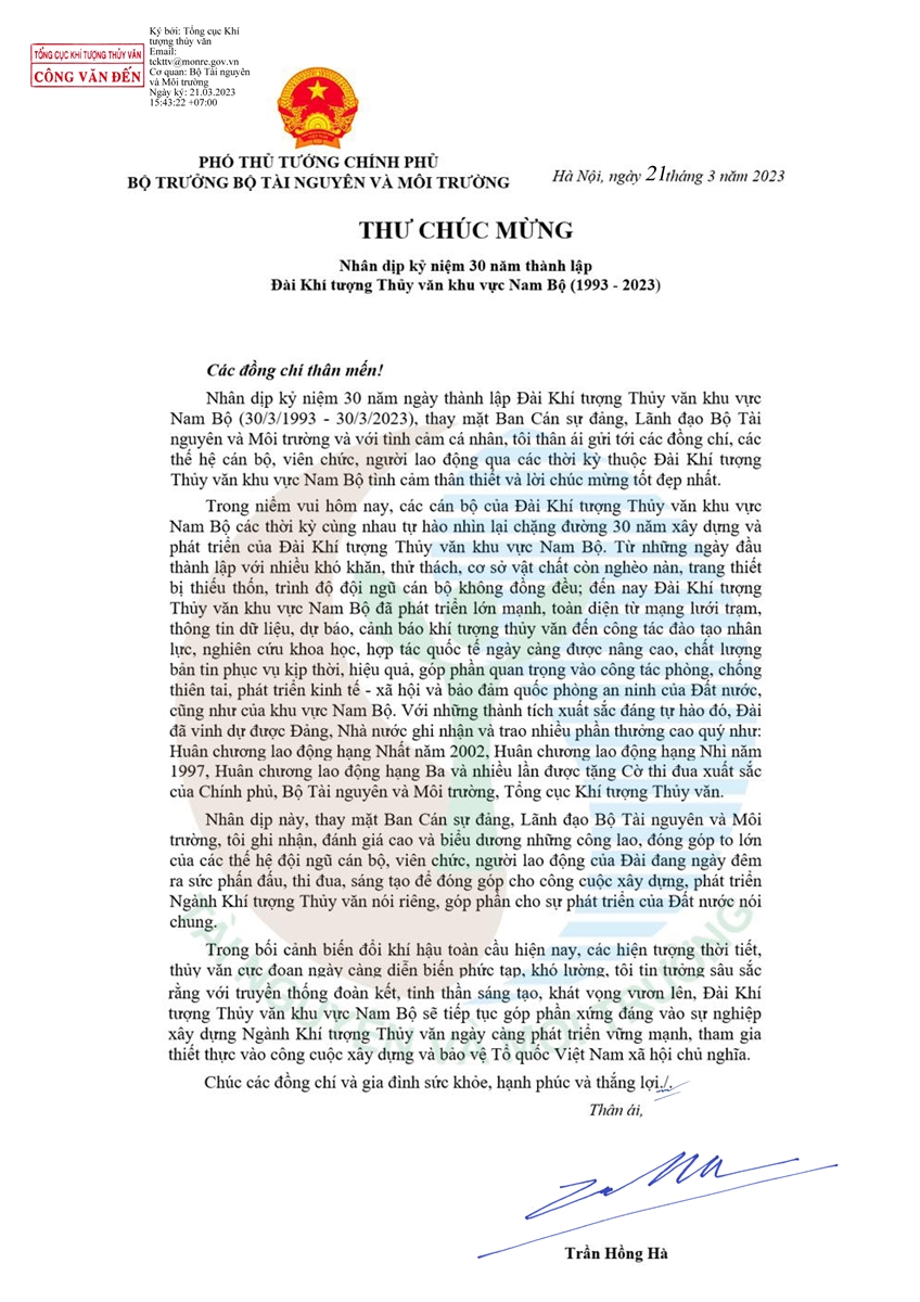 Phó Thủ tướng Chính phủ Trần Hồng Hà gửi thư chúc mừng Đài Khí tượng Thuỷ văn nhân kỷ niệm 30 năm thành lập