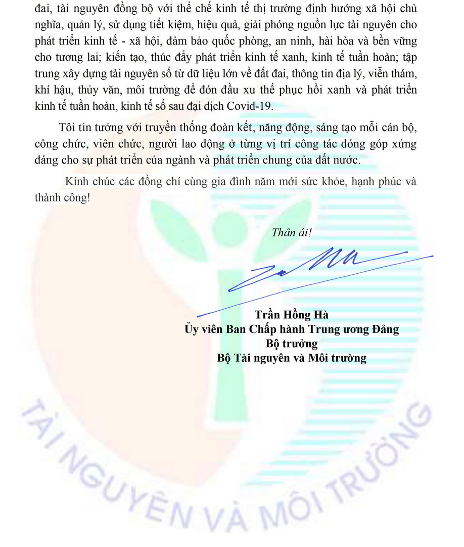 Thư Chúc mừng năm mới Xuân Nhâm Dần 2022 của Bộ trưởng Bộ Tài nguyên và Môi trường Trần Hồng Hà