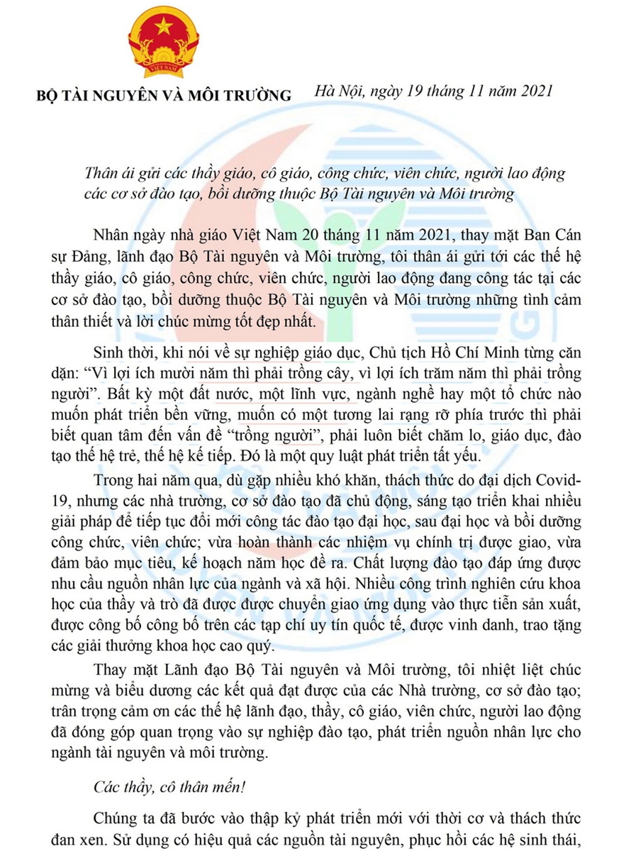 Thư chúc mừng của Bộ trưởng Trần Hồng Hà nhân dịp Ngày Nhà giáo Việt Nam 20/11/2021