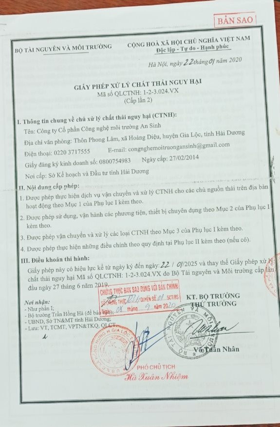 Thanh tra Bộ TN&MT xử phạt Công ty CP Công nghệ môi trường An Sinh hơn 1 tỷ đồng