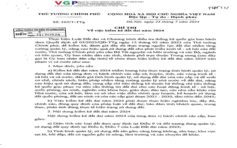 Kiểm kê đất đai năm 2024 trên phạm vi toàn quốc