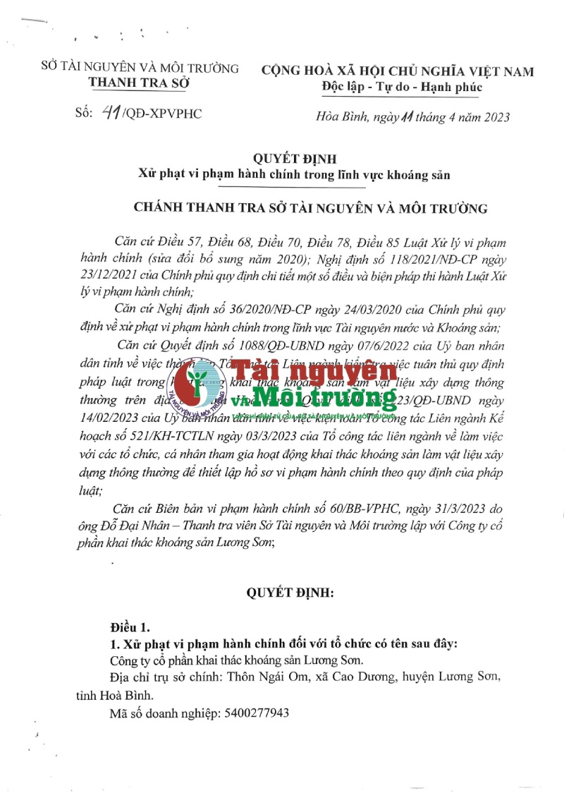 Hoà Bình: Điểm mặt doanh nghiệp vi phạm hành chính trong lĩnh vực TN&MT. Bài 1: Công ty Lương Sơn khai thác khoáng sản vượt 10%