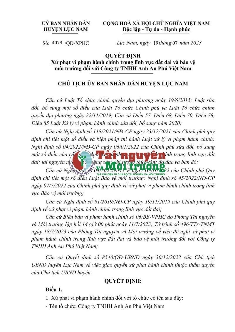 Bắc Giang - Bài 1: Xử phạt Công ty Anh An Phú Việt Nam vi phạm đất đai và môi trường
