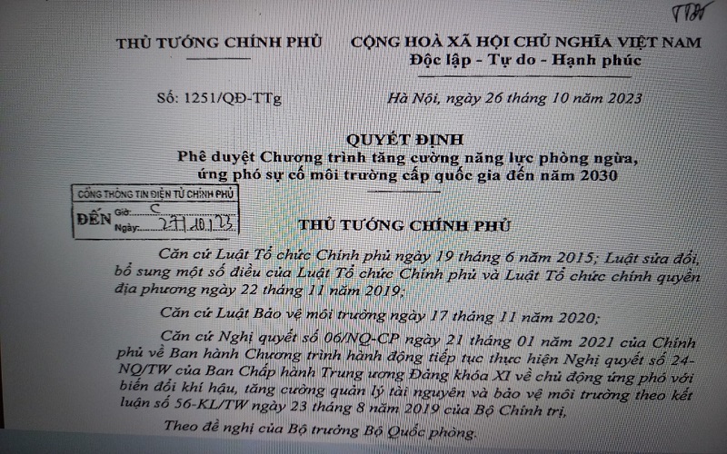 Phê duyệt Chương trình tăng cường năng lực phòng ngừa, ứng phó sự cố môi trường cấp quốc gia đến năm 2030