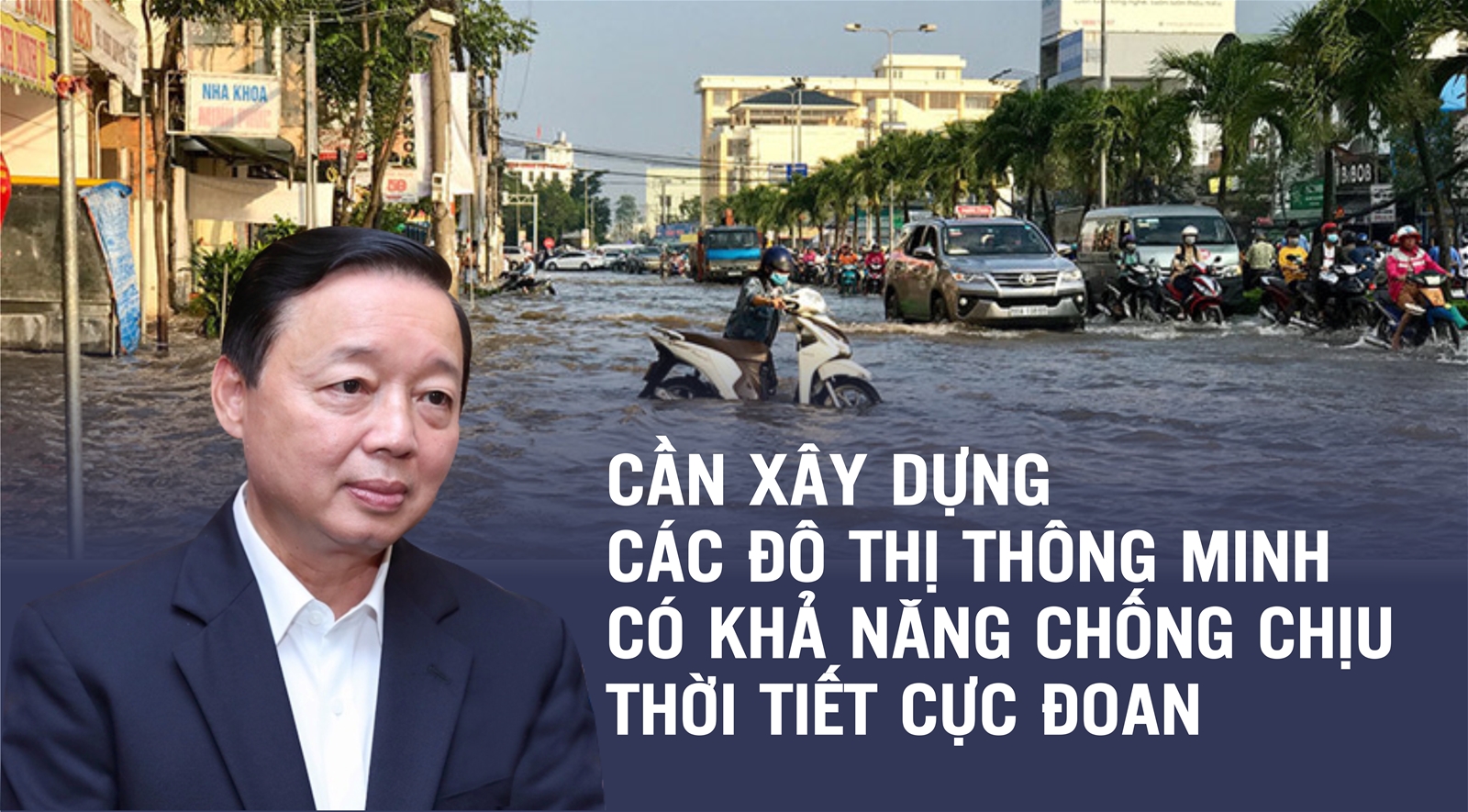 Bộ trưởng Bộ TN&MT Trần Hồng Hà: Cần xây dựng các đô thị thông minh  có khả năng chống chịu thời tiết cực đoan,  khi mưa lớn thì có khu vực chứa nước  như cánh đồng, sân vận động, các bể chứa...