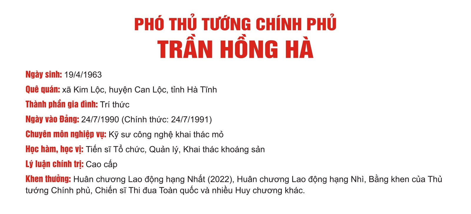 Tiểu sử Phó Thủ tướng Chính phủ Trần Hồng Hà