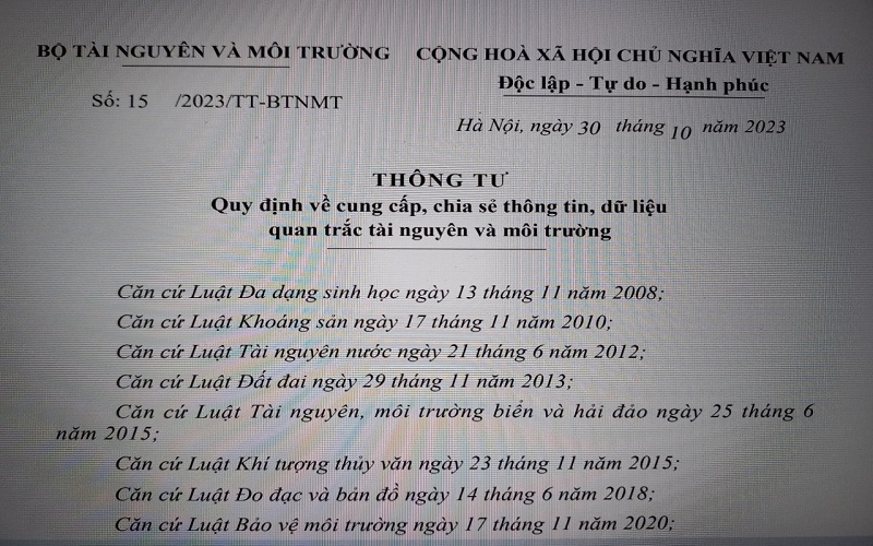 Thông tư số 15/2023/TT-BTNMT: Quy định về cung cấp, chia sẻ thông tin, dữ liệu quan trắc tài nguyên và môi trường
