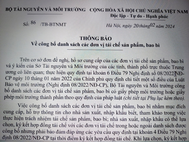 Bộ Tài nguyên và Môi trường: Công bố danh sách các đơn vị tái chế sản phẩm, bao bì có giấy phép môi trường