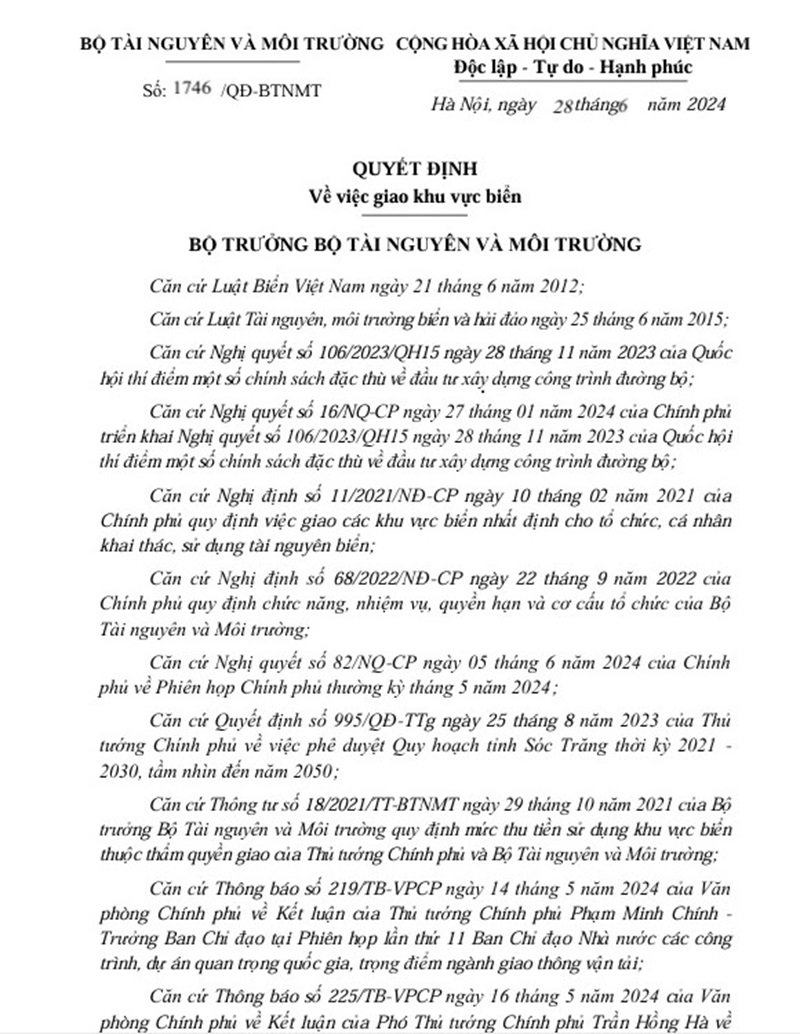 Bộ Tài nguyên và Môi trường giao 99,95 ha khu vực biển cho Công ty Cổ phần Đầu tư Xây dựng và Kỹ thuật VNCN E&C