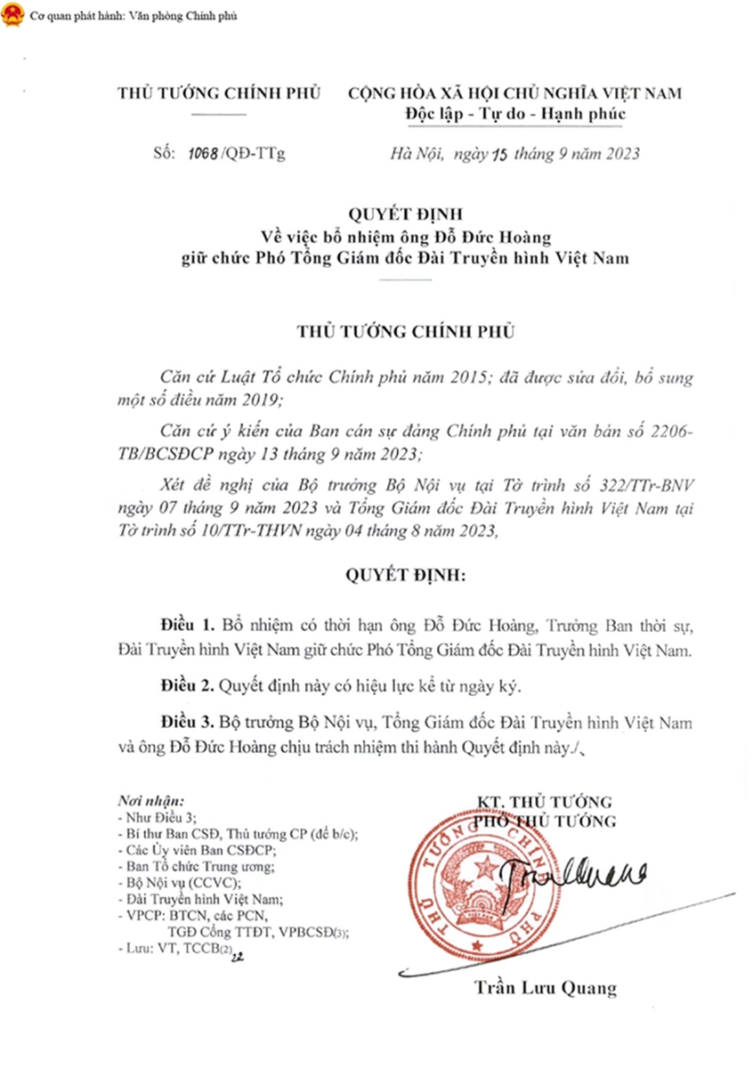 Nhà báo Đỗ Đức Hoàng được bổ nhiệm Phó Tổng Giám đốc Đài Truyền hình Việt Nam