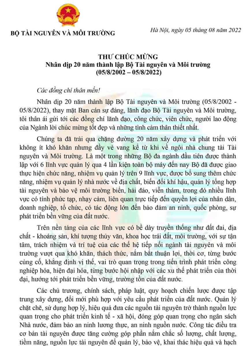 Thư chúc mừng của Bộ trưởng Trần Hồng Hà nhân dịp kỷ niệm 20 năm Ngày thành lập Bộ TN&MT