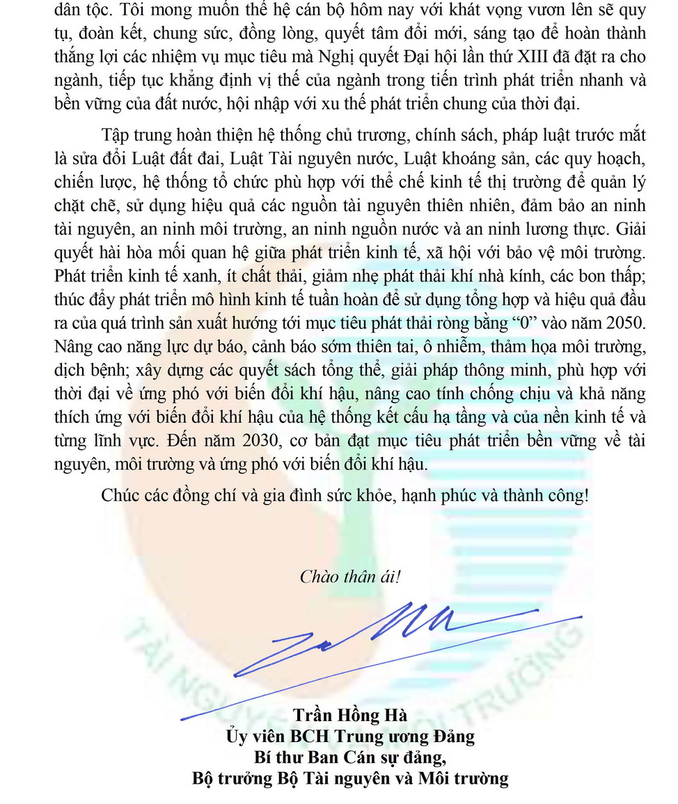 Thư chúc mừng của Bộ trưởng Trần Hồng Hà nhân dịp kỷ niệm 20 năm Ngày thành lập Bộ TN&MT