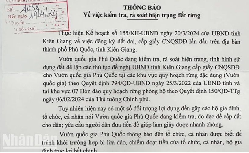 Kiên Giang: Cảnh báo việc lừa đảo cấp đất ở Vườn Quốc gia Phú Quốc