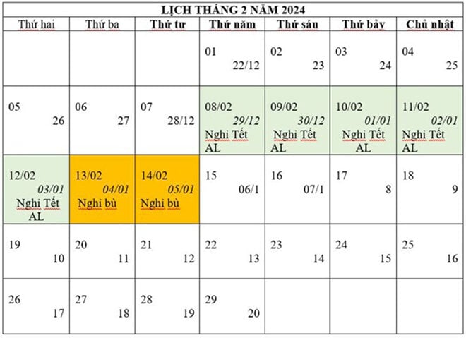 Lịch nghỉ Tết Nguyên đán Giáp Thìn năm 2024