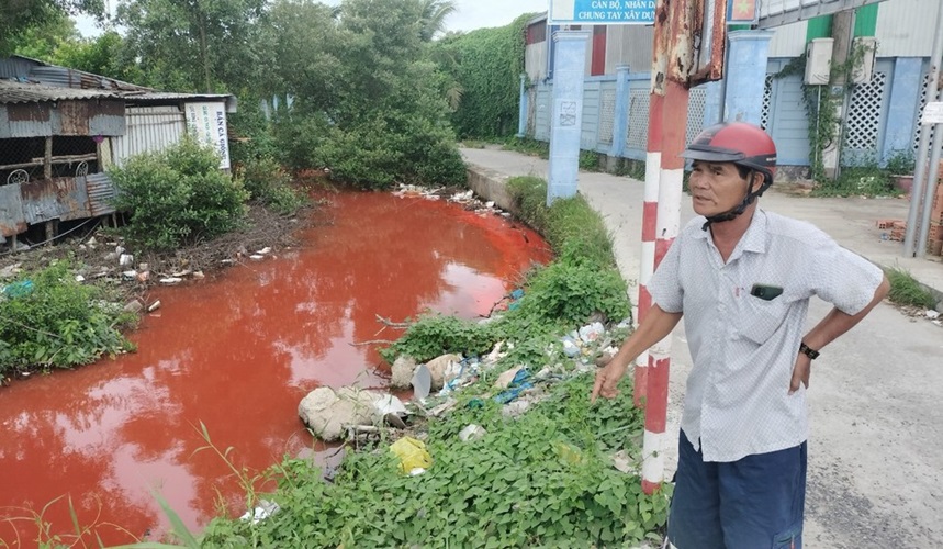 Nước kênh bỗng chuyển sang màu đỏ lạ thường ở Cà Mau