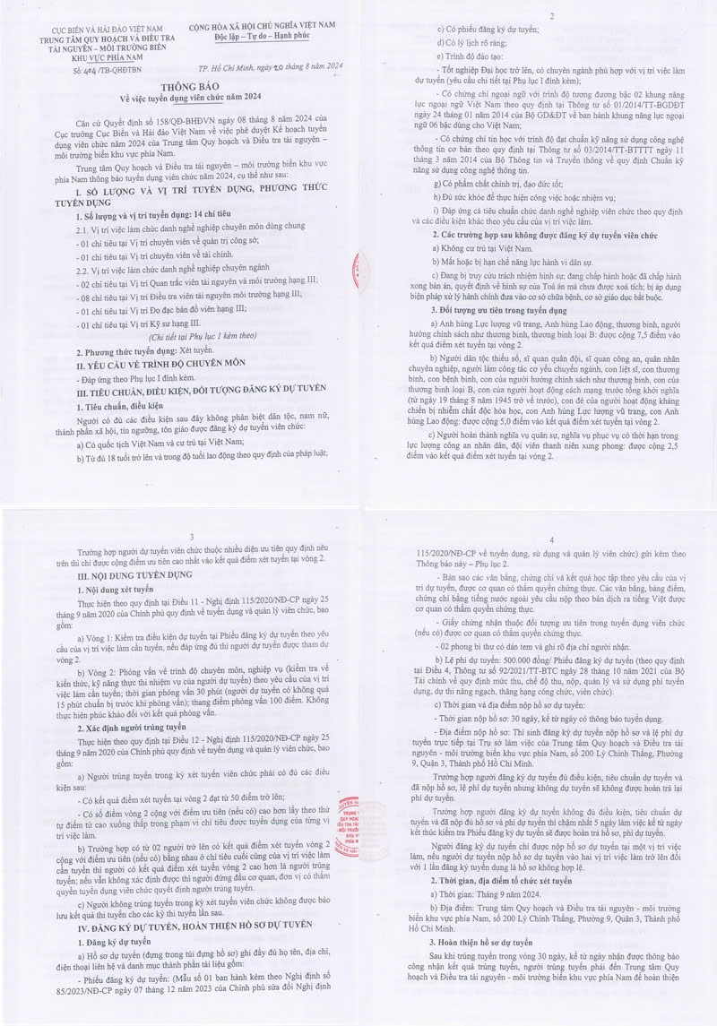 Trung tâm Quy hoạch và Điều tra tài nguyên - môi trường biển khu vực phía Nam tuyển dụng viên chức năm 2024