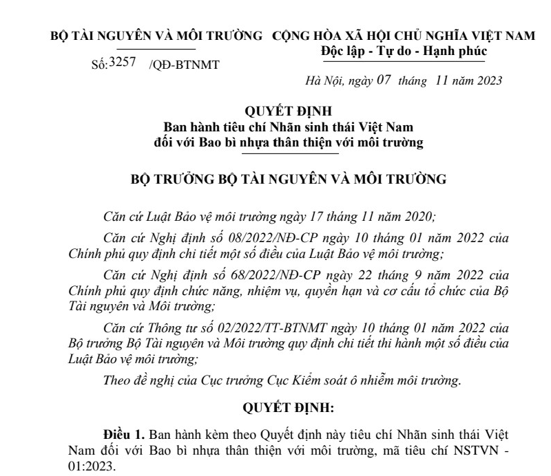 Quyết định số 3257/QĐ-BTNMT: Tiêu chí Nhãn sinh thái Việt Nam với Bao bì nhựa thân thiện môi trường