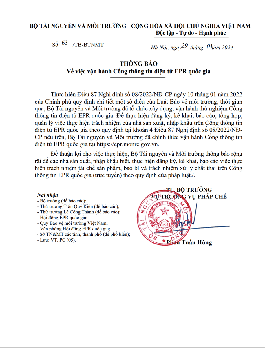 Bộ Tài nguyên và Môi trường chính thức vận hành Cổng thông tin điện tử EPR quốc gia