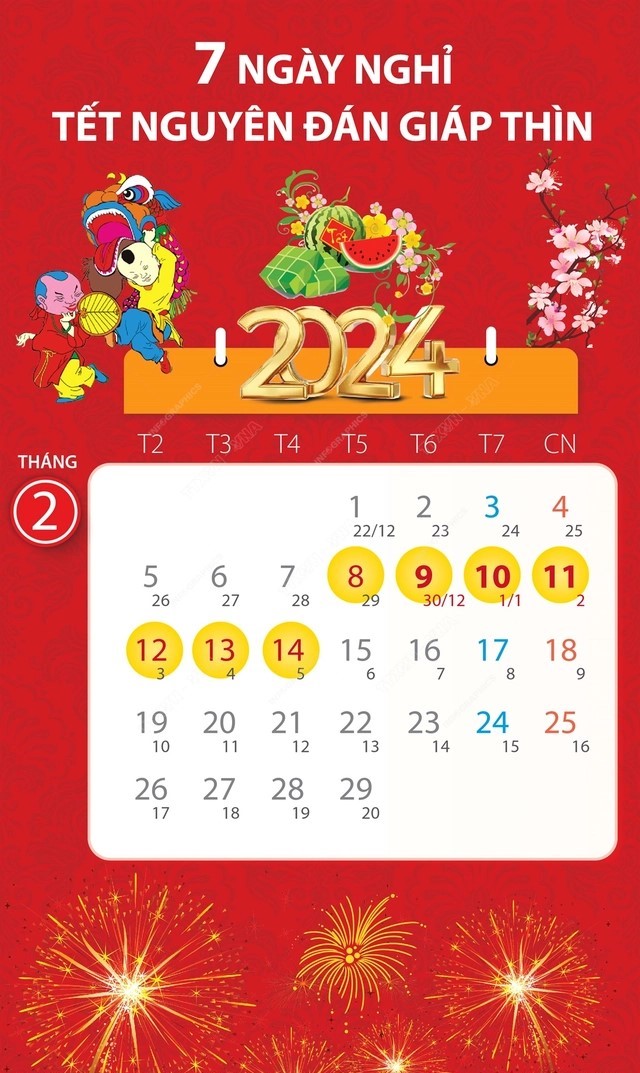 Lịch nghỉ Tết Nguyên đán Giáp Thìn năm 2024
