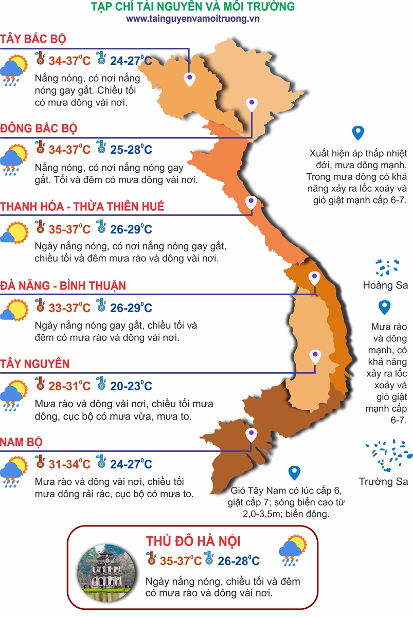 Thời tiết ngày 12/6: Bắc Bộ, Tây Nguyên và Nam Bộ mưa dông trên diện rộng